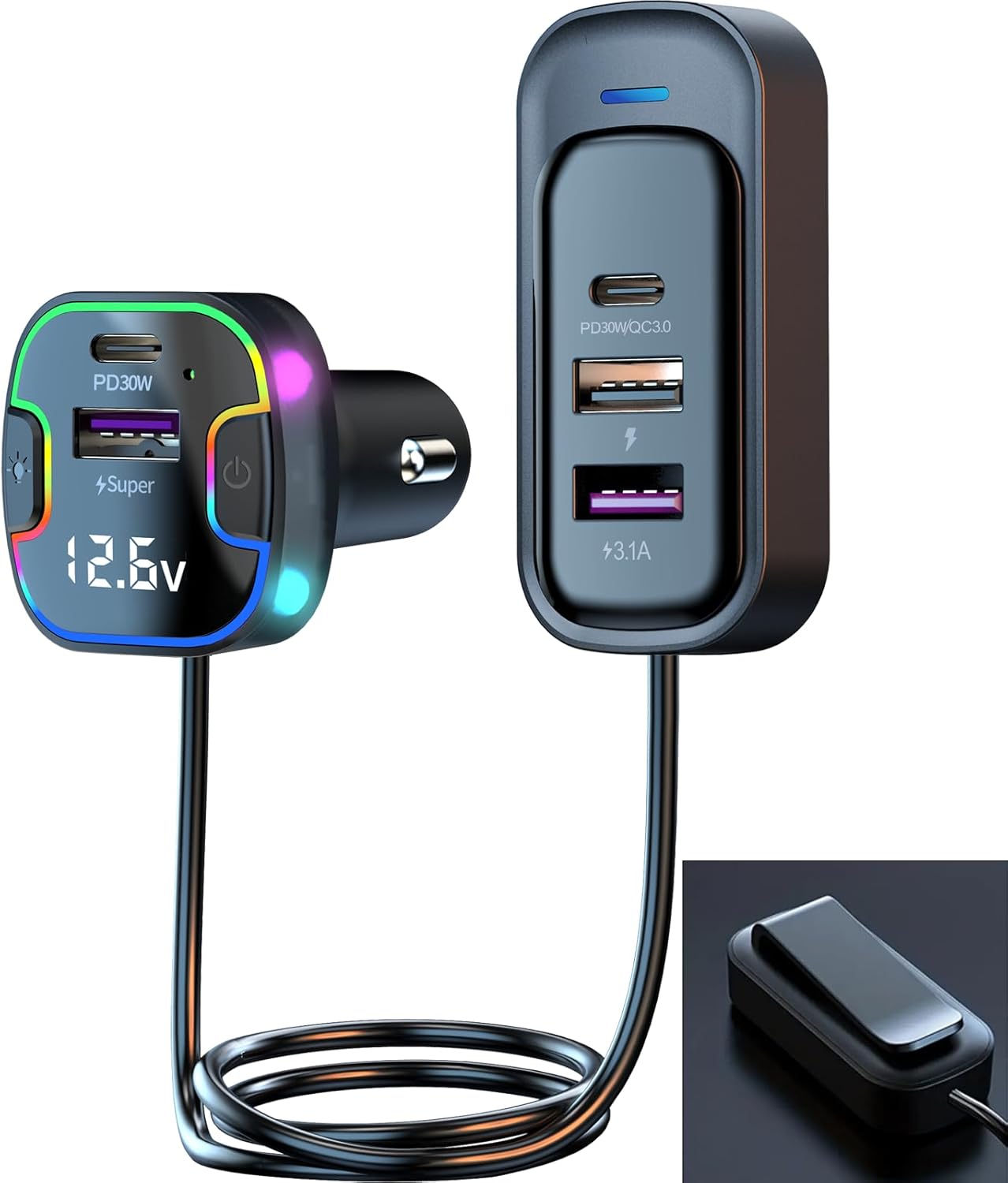 Thlevel Car Charger Adapter 75W QC 3.0 PD Mobile Fast Charging with 1.5 Metre Cable Cars for 12V 24V Caravans Motorhomes