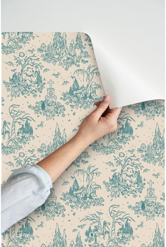 Peel & Stick Wallpaper 6ft x 2ft - Whimsical Monsters Toile French Spooky Abstract Creepy Zombie Halloween Ghost Graveyard Cemetery Custom Removable Wallpaper by Spoonflower