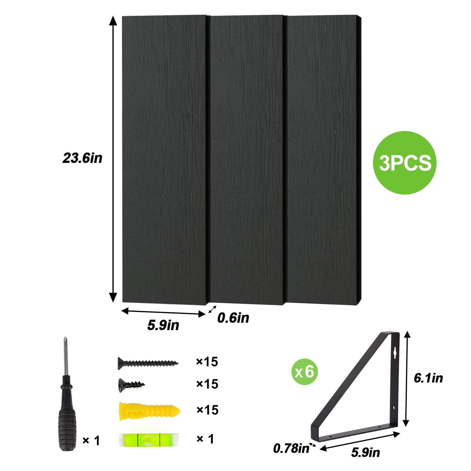 Fixwal Floating Shelves, 24 Inch Wall Bookshelf, Large Floating Book Shelves for Wall Decor, Rustic Wood Wall Storage Shelves for Bedroom, Living Room, Kitchen, Bathroom, Set of 3 (Black)