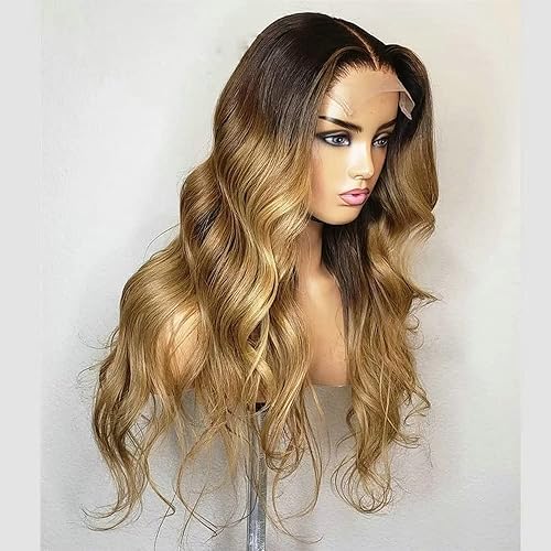 oulaer 1B27 Peluca de cabello humano rubio miel degradado HD transparente encaje frontal peluca ondulada para mujeres, línea capilar natural