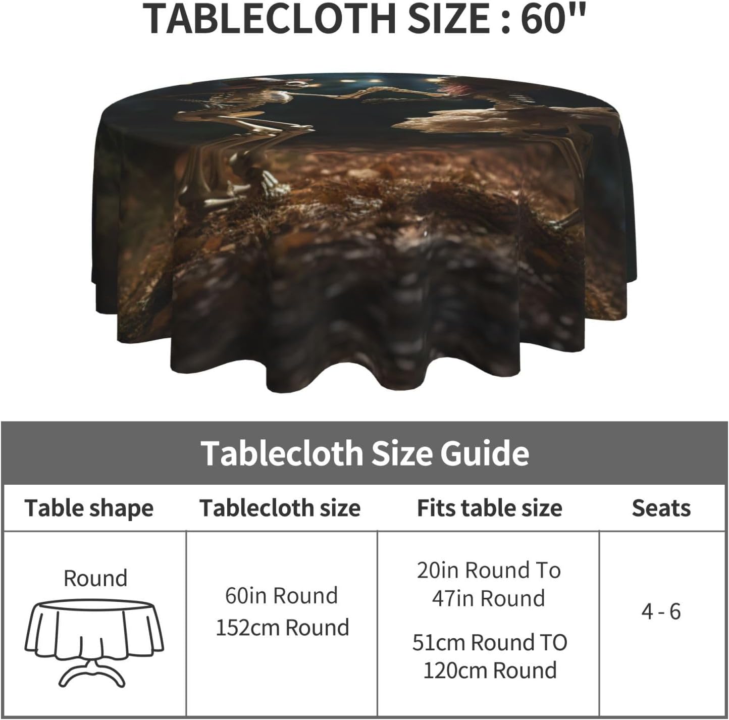 Skeleton Dancing Print Wrinkle Free Dining Table Cover for Birthday Party Farmhouse Tablecloths Up to 60 x 60 Inches