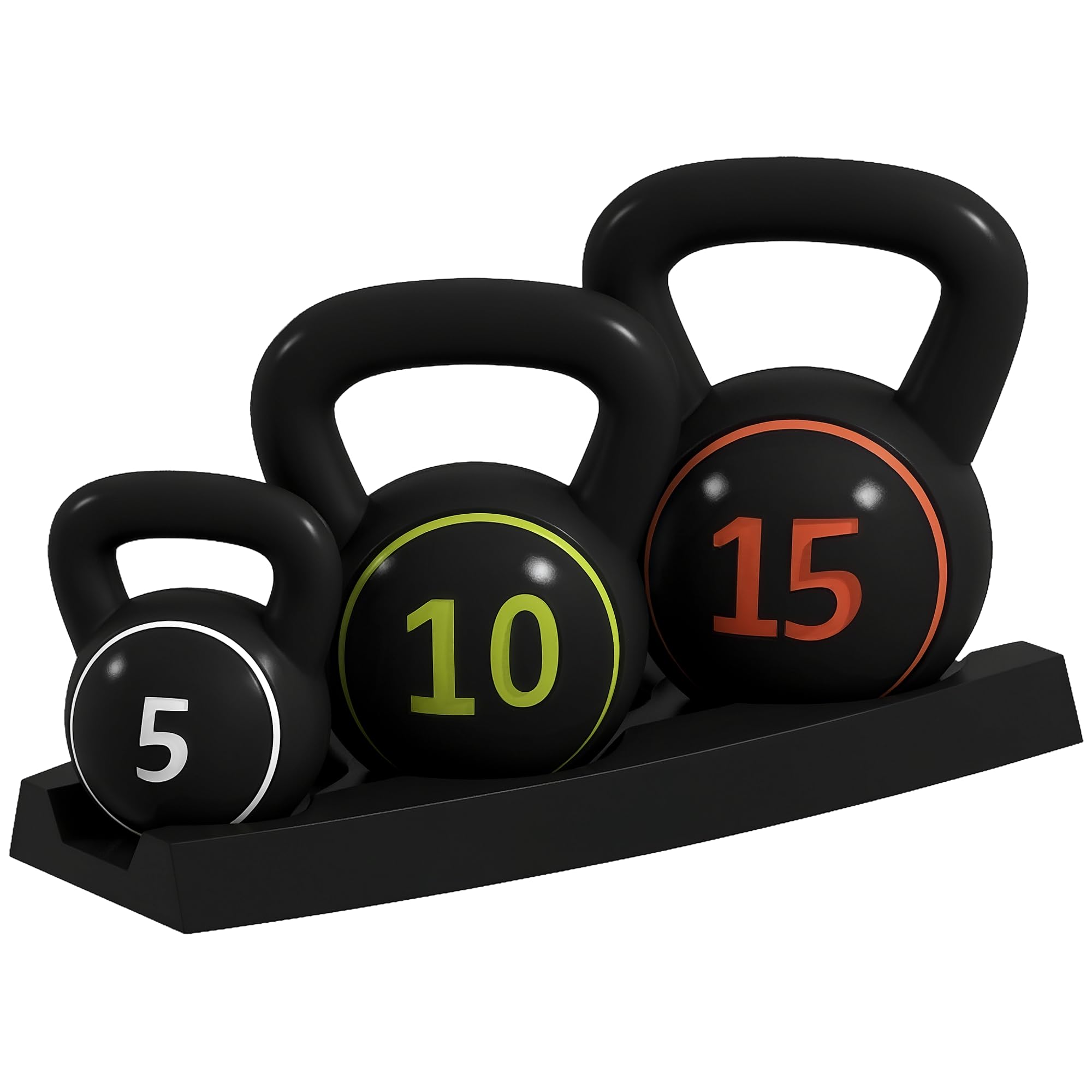 SPORTNOW Lot de 3 Kettlebells, 2,2, 4,5 et 6,8 kg, sports fitness training, grip antidérapant, avec plateau de rangement, noir