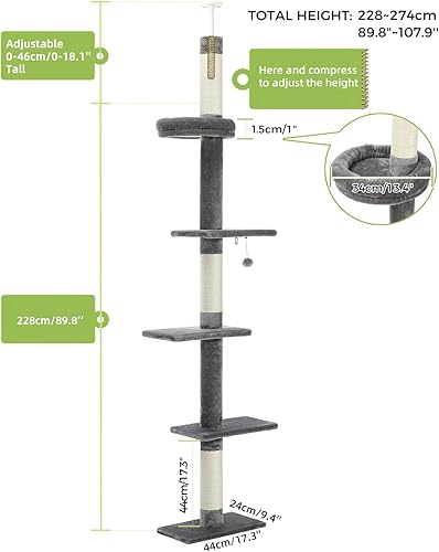 Miniatura 2 de PETEPELA Torre para gatos de 5 niveles de piso a techo, altura del árbol para gatos (95-107 pulgadas), ajustable, árbol alto para escalar gatos con