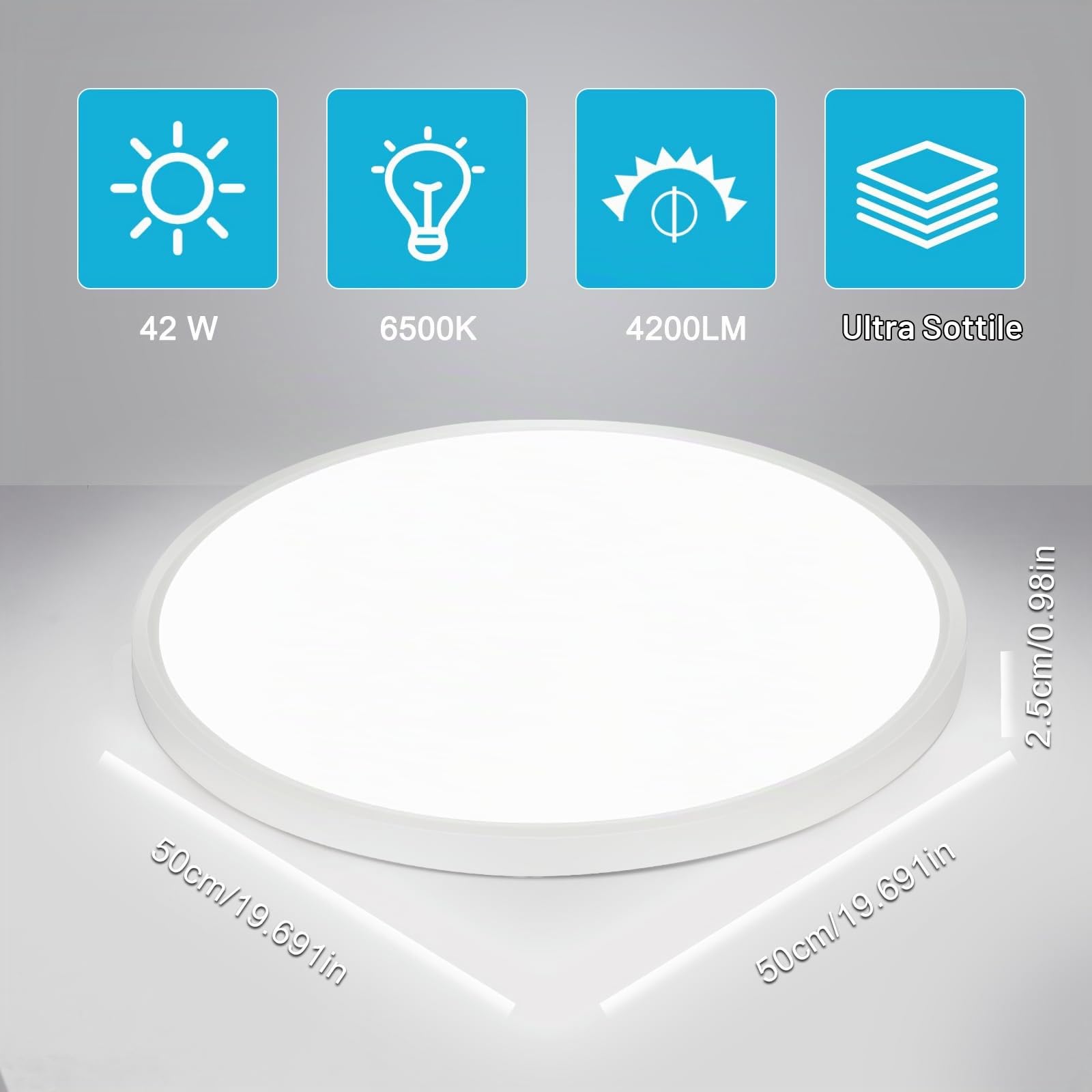 Osairous Plafoniera LED Soffitto, Ø50cm 42W Plafoniere moderna, IP44 Lampada LED Soffitto, 6500k 4800 LM Luce Neutra per Soggiorno, Camera da Letto, Cucina, Bagno, Balcone (6500k, 50cm 42W)