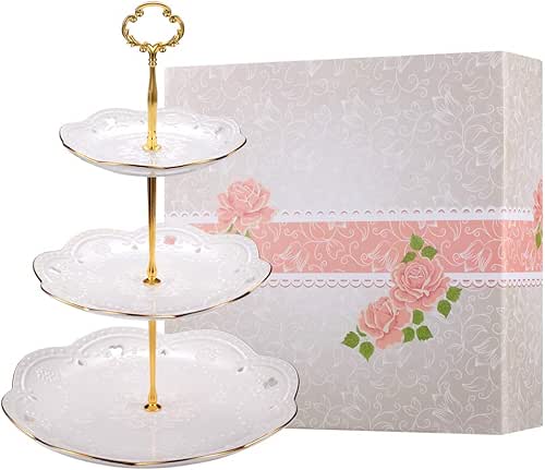 BonNoces 3-Tier Porcelain Embossed Cupcake Stand - Pure White Rimmed