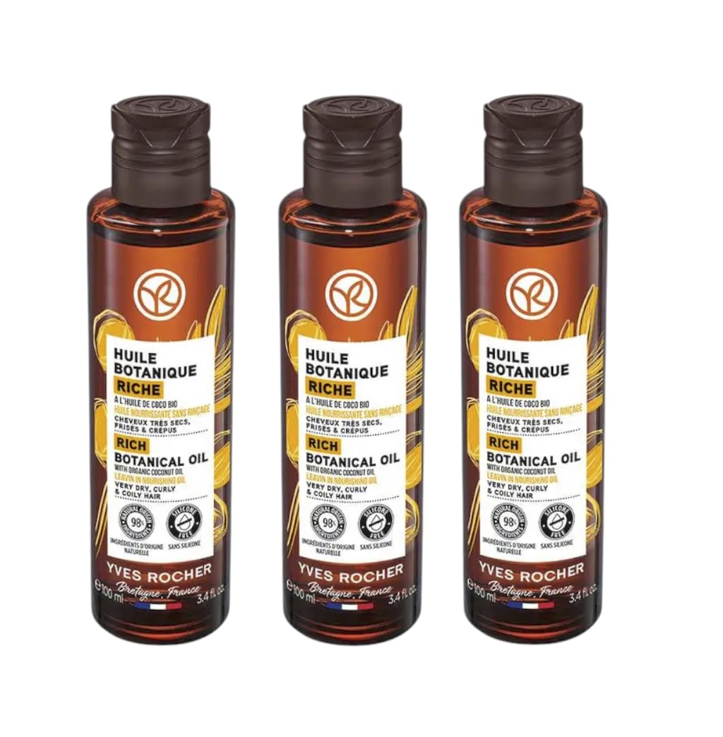 Yves Rocher Restorative Coconut Oil for Dry & Damaged Hair Deep Repair Leave-In Treatment 100 ml./3.3 fl.oz. Set of 3