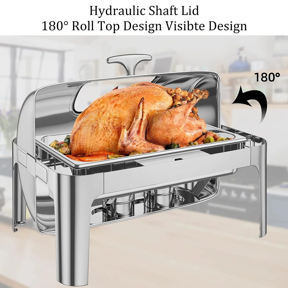 Scaldavivande rettangolare da 9 litri in acciaio inossidabile, Set per buffet con coperchio a rullo e finestra in vetro Ideale per catering, buffet e per mantenere le pietanze al caldo