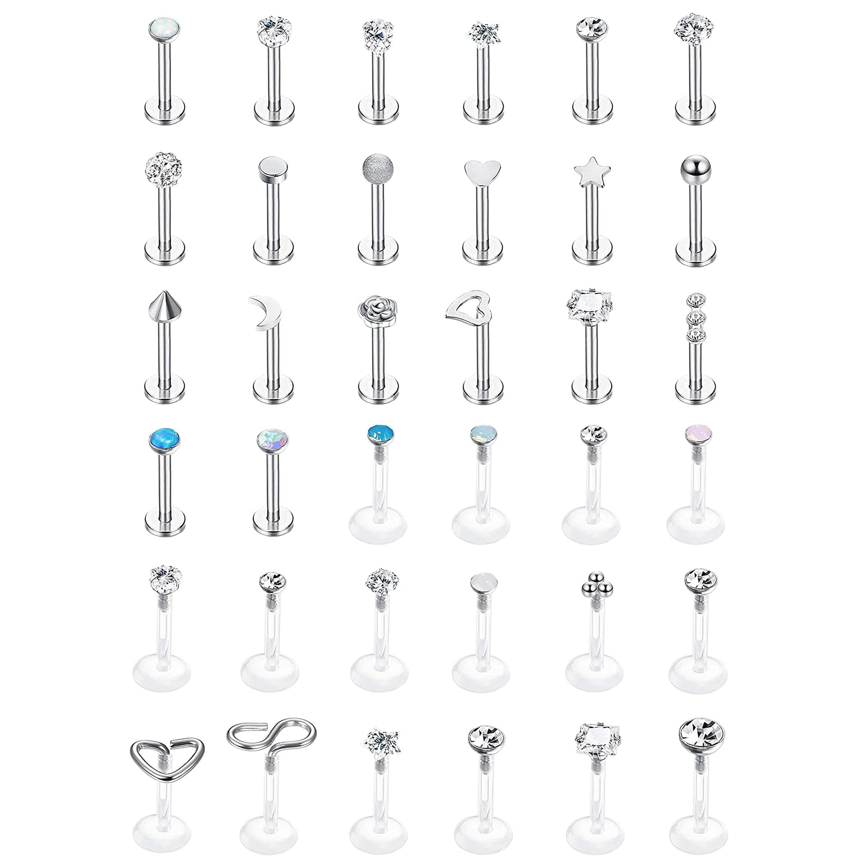 JeweBella36 Piezas 16G Piercing Oreja Acero Quirurgico Pendientes Cartílago Helix Piercing Tragus Nariz Labio Circonita Luna Corazón Estrella Piercing Labret Plata Flatback Piercing