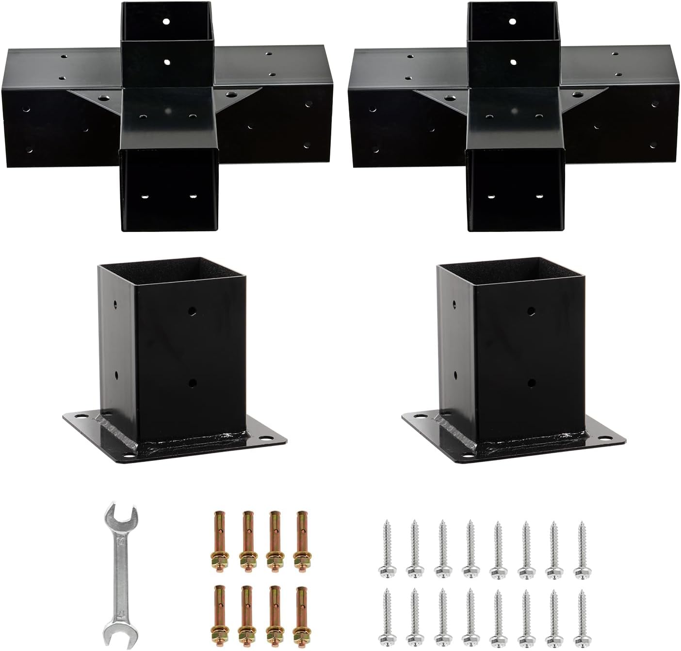4-Way Right Angle Corner Wood Brackets(Alloy Steel) with Screws for 4x4 (Actual: 3.5x3.5), DIY Pergola Kit/Gazebo Kit/Patio/Sheds (4 Way pergola Brackets & Flange Anchor Bases (2 PCS))
