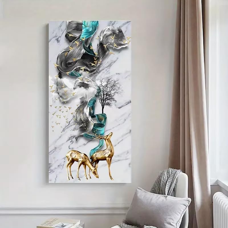 Grand tableau cerf bleu abstrait chic | Décoration salon