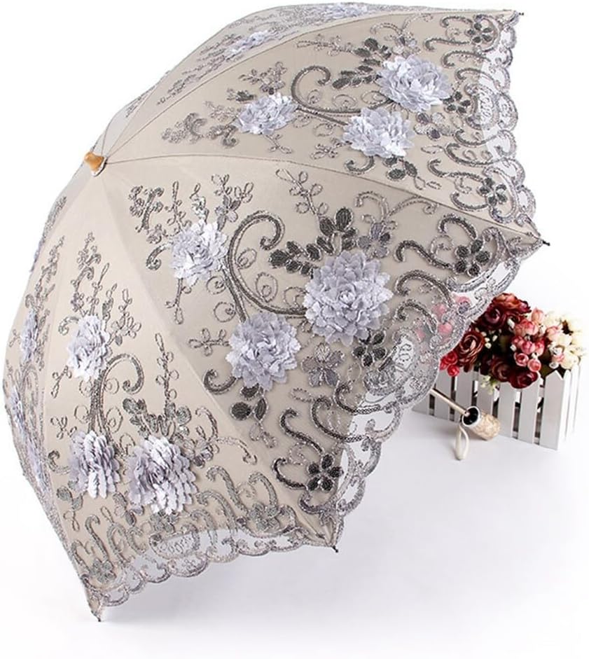 Ladies Embroidered Lace Parasol Umbrella Anti-UV Protection Sun Shade UPF 50+ Lightweight and Portable Folding Umbrella,Purple
