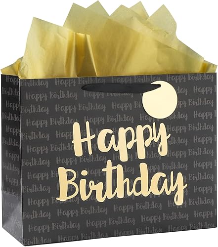 Loveinside Bolsa de regalo de cumpleaños negra y dorada con papel de seda para cumpleaños, baby shower, fiesta y más, 13 x 10 x 5 pulgadas, 1 unidad