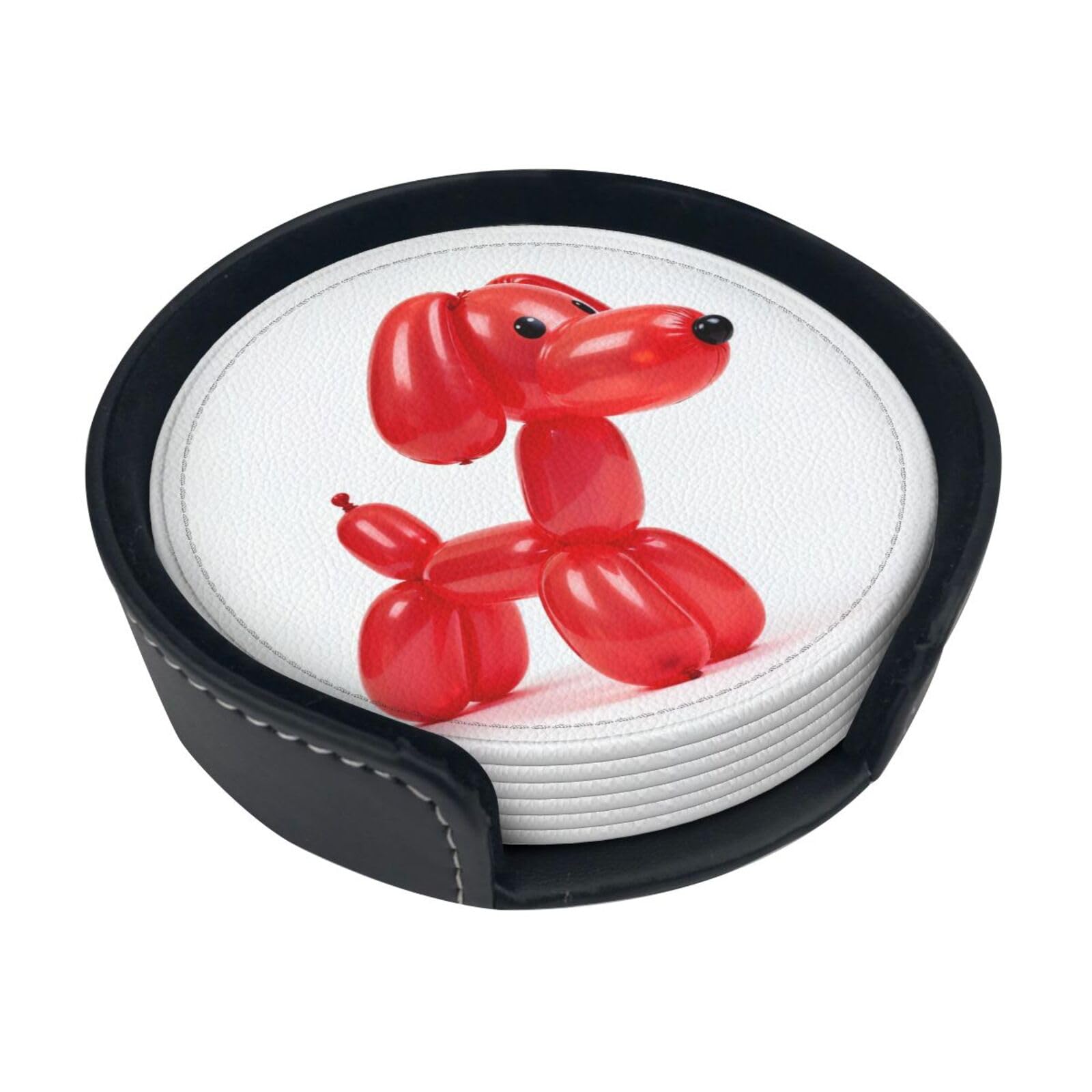 Cntdbu White Balloon Dog Red Leather Coasters Set Of 6-Pu Leather Drink Mats For Table, Heat Resistant Round Coasters With Holder