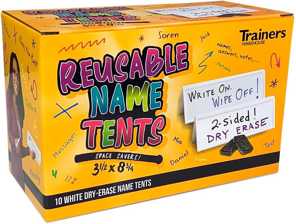 Trainers Warehouse Heavy Duty Premium Reusable Name Cards, White, Dry-Erase Tent, Space Saver, 8.75" x 3.5" (10)