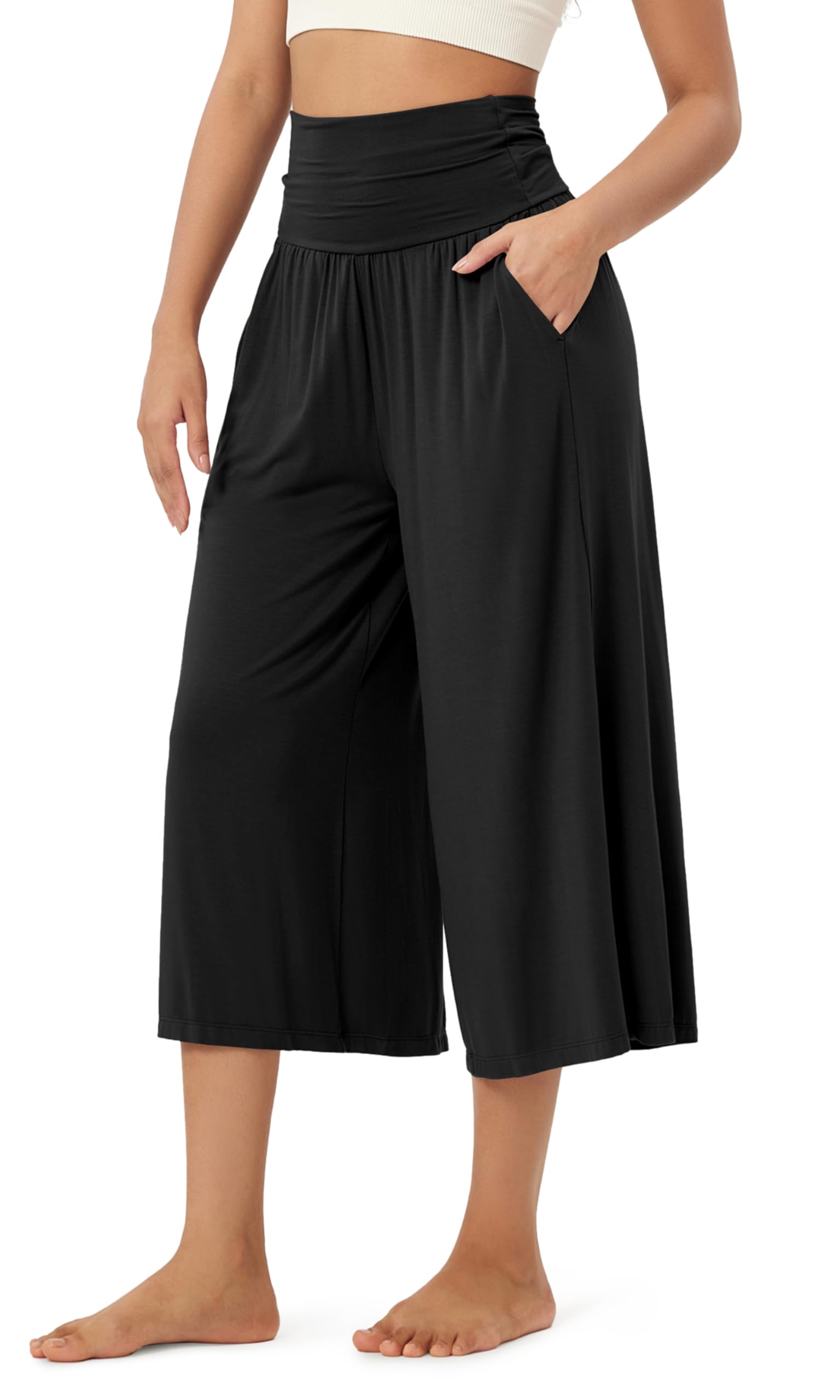 ODODOS Womens Wide Leg Palazzo Lounge Cropped Pants with Pockets Light Weight Comfy Pajama Capri Pants-20 22 24