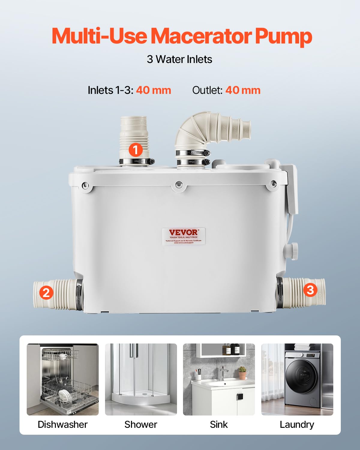 VEVOR Hebeanlage, 500 W, 110 L/min Durchfluss, 8 m Förderhöhe, Schmutzwasserpumpe mit 4 Wassereinlässen, Abwasserhebeanlage für Küche, Keller, Dusche, Waschbecken, Waschküche, Badewanne