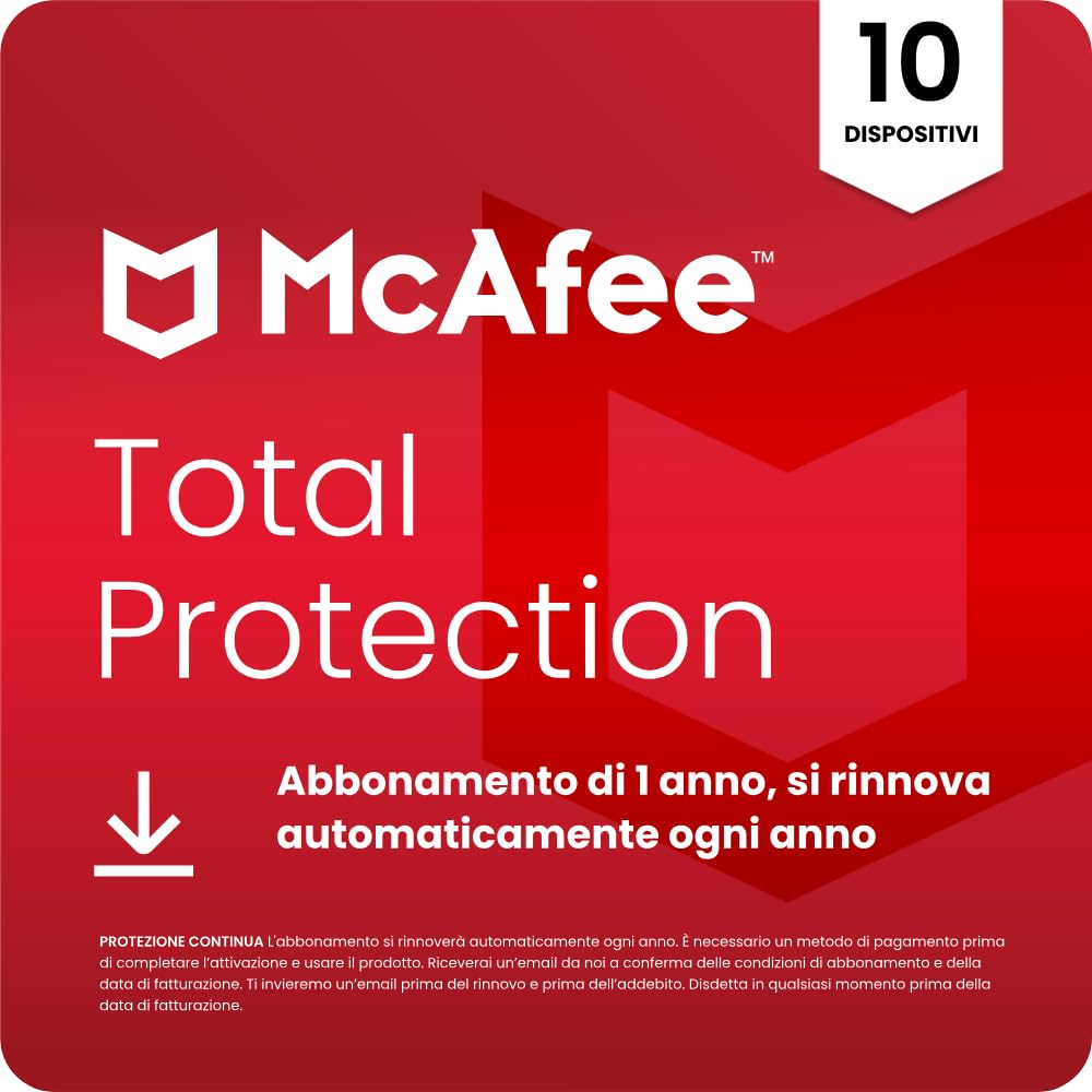 McAfee Total Protection - 10 Dispositiv 2026 | Antivirus, VPN gestore delle password, software di sicurezza, monitoraggio dell'identità | Abbonamento di 1 anno con rinnovo automatico, Scarica