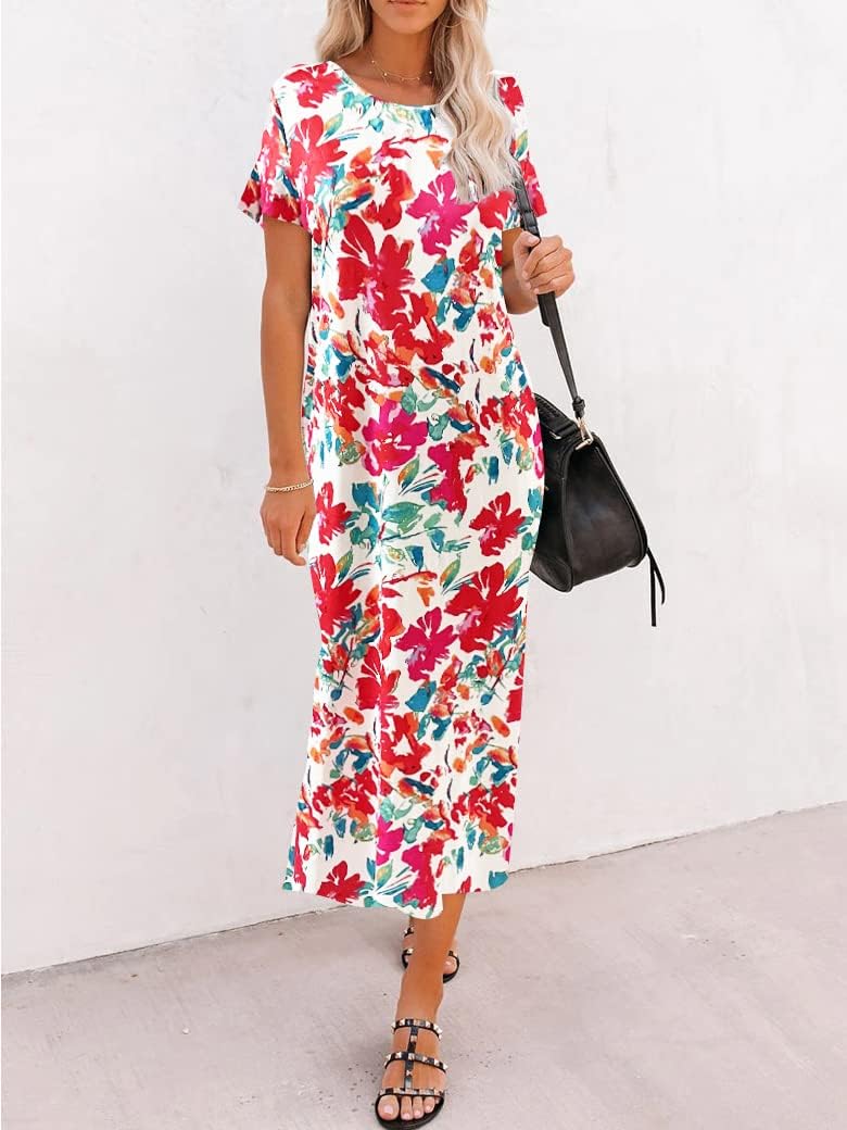 Naggoo Womens Short Sleeve Split Maxi Dress Casual Plain Tie Dye Print Tshirt Long Dresses with Pockets - Image 4