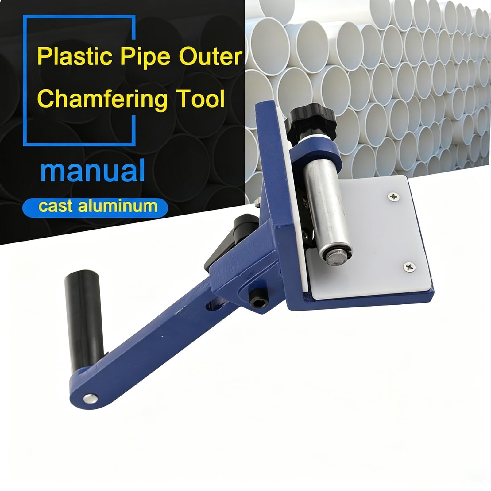 Herramienta manual para biselar el exterior de tuberías de plástico (PE, PP, PVC) de 40-160 mm; herramienta de fontanería reutilizable con cuerpo de aluminio fundido y rodillo ajustable(Blue)