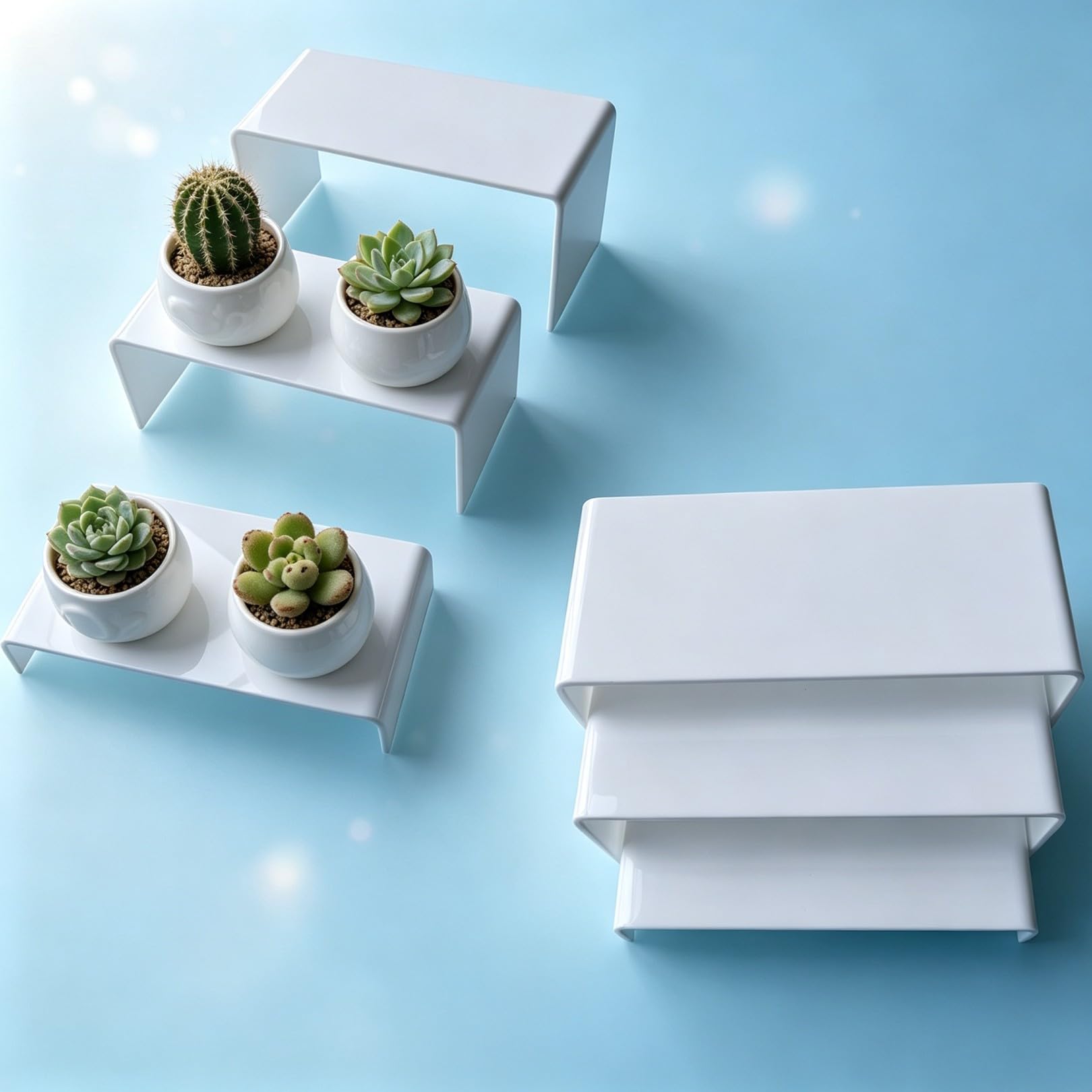 Photo 1 of SOVQUEST Wider 6 PCs White Acrylic Display Risers, 3 Tier Stand