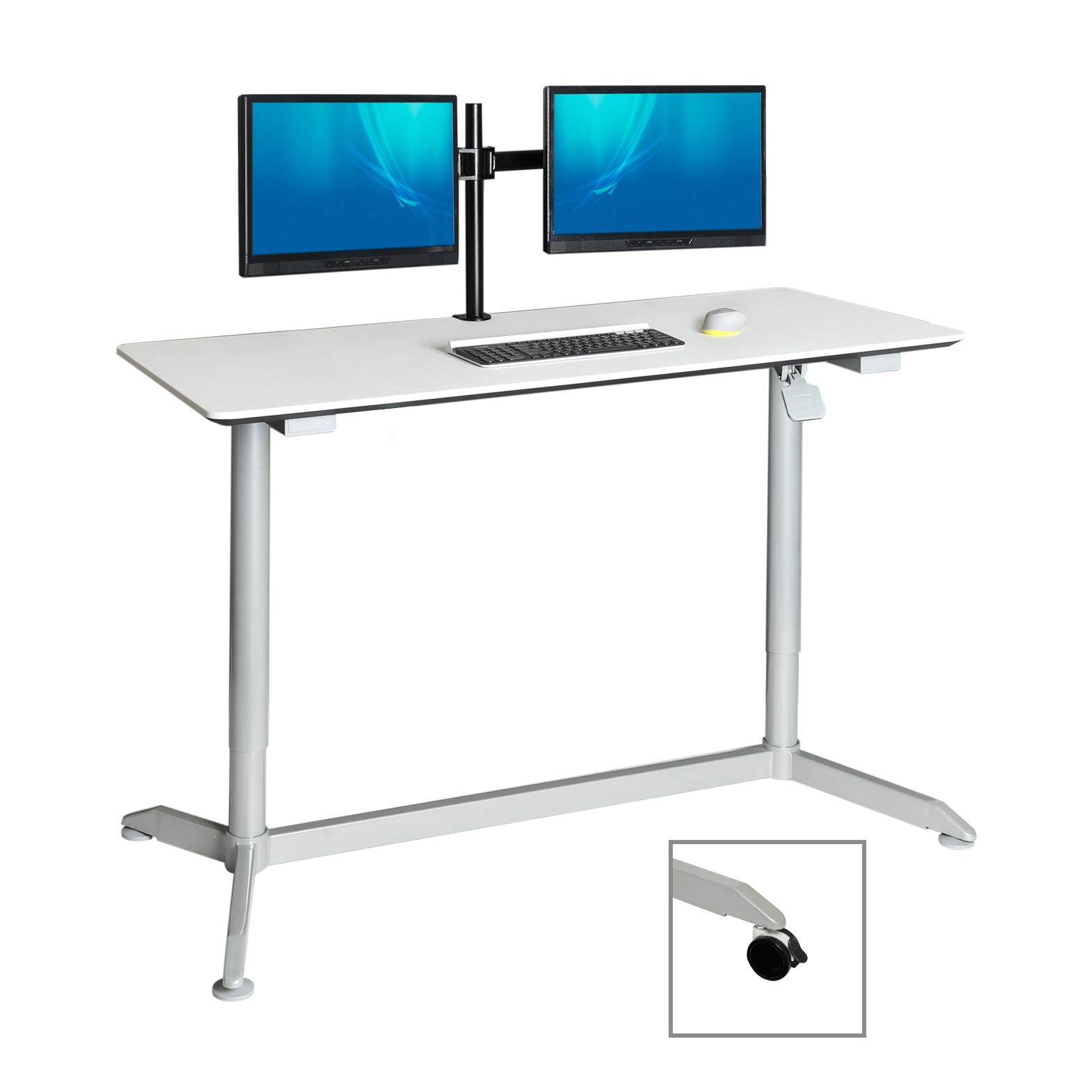 Seville Classics Airlift 137 cm pneumatisch höhenverstellbarer mobiler Steh-Sitz-Tisch (74,4 bis 110,4 cm H), weiß