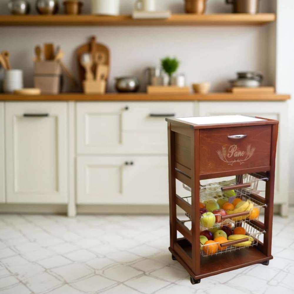 MA MAISON Carrello Salvaspazio in Legno dimensioni 85x49x39 cm - da Cucina, Piano d'appoggio Multiuso, 3 Cestini Contenitori, 1 Cassetto, Portapane, Portafrutta, 4 Ruote - Made in Italy (Noce)
