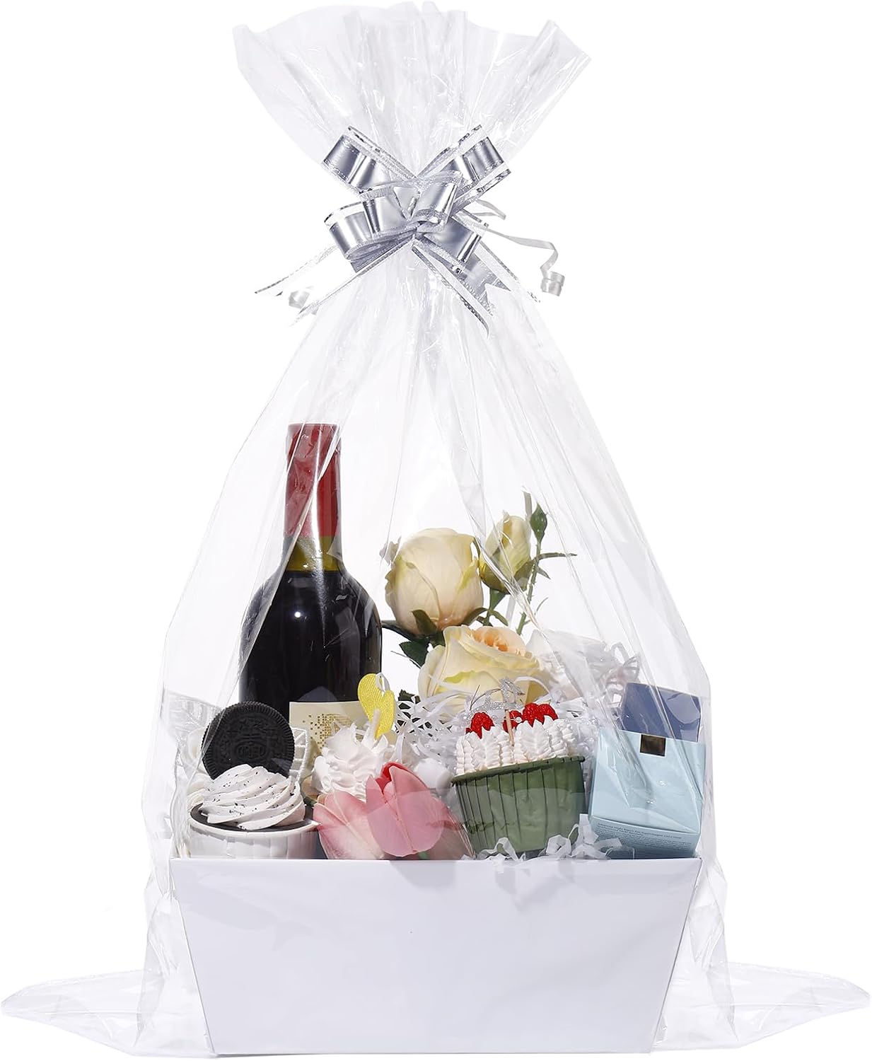 MADHOLLY 6 Set Baskets for Gifts Empty - Sturdy Kraft Gift Basket Kit with Cellophane Wrap and Pull Bows for Wedding Baby Shower Party Gift Wrapping, White