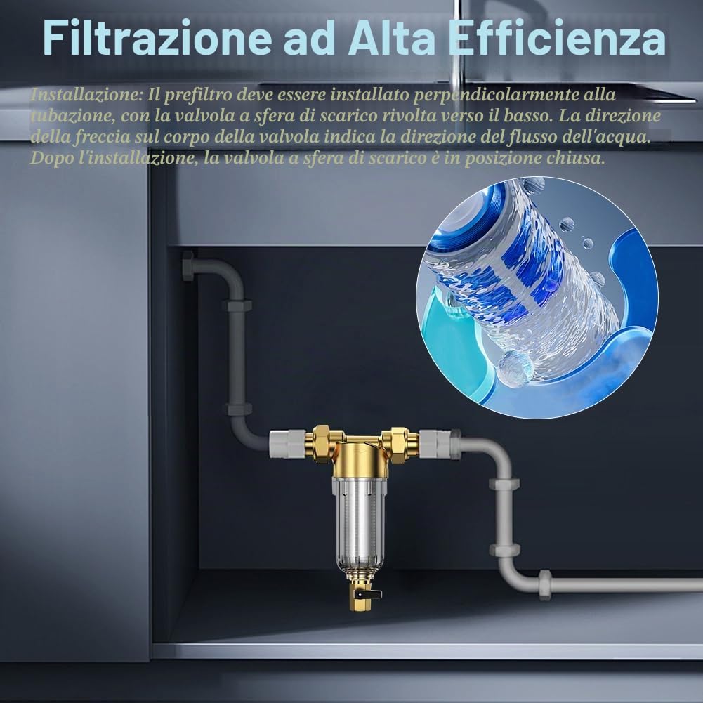 Filtro antirisciacquo prefiltro per acqua domestica – filtro acqua giardino & porta casa 1 pollice Spin Down filtro sedimentario con adattatore da 3/4" in acciaio inox, prefiltro pompa da giardino