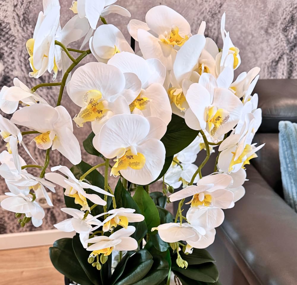 Kunstorchideen weiße Blüten Phalaenopsis Schmetterling mit Deko Elegant Hochtopf XXL groß 130cm hoch | Hochzeits-, Hoteldekoration für Wohnung Büro Praxis, wie Echt - für gemütliches Zuhause
