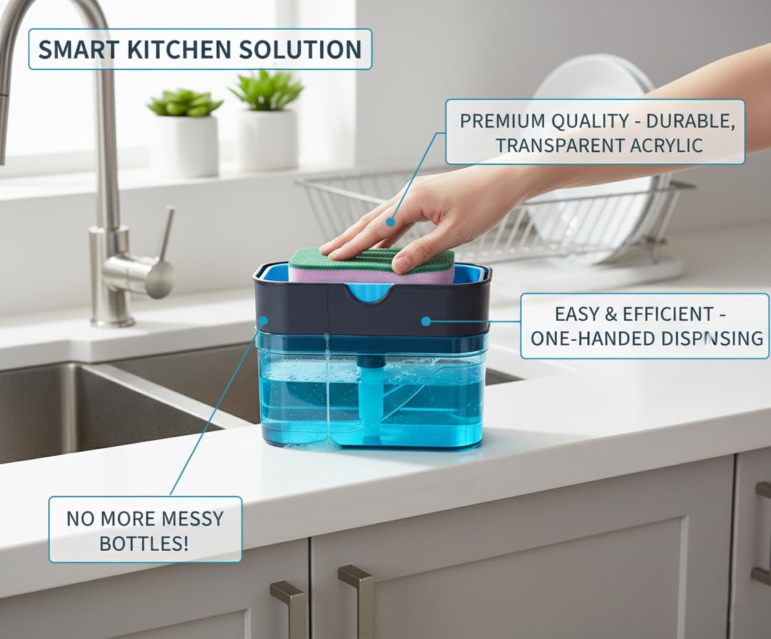 KBS 2 in 1 Liquid Soap Holder Dispenser Pump for Dishwasher 400 ML with Sponge for Kitchen Sink,Bathroom,Restaurant Cleaning Supply Accessories Item Gadgets Multipurpose Durable Plastic (Blue) 2