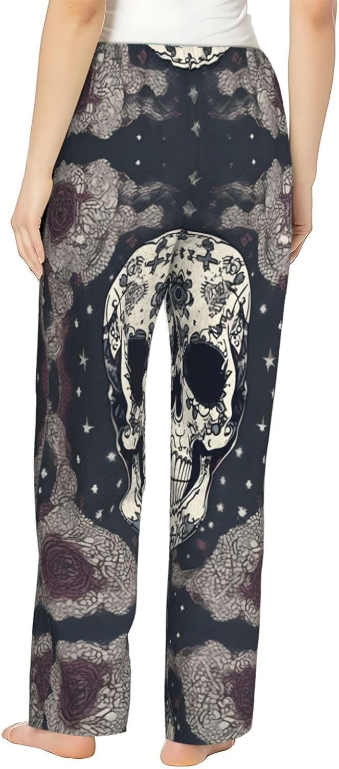Skull Yoga And Flower Print Cozy Christmas Pajama Pants,Flannel Pajama Bottoms,Cater To Various Body Types
