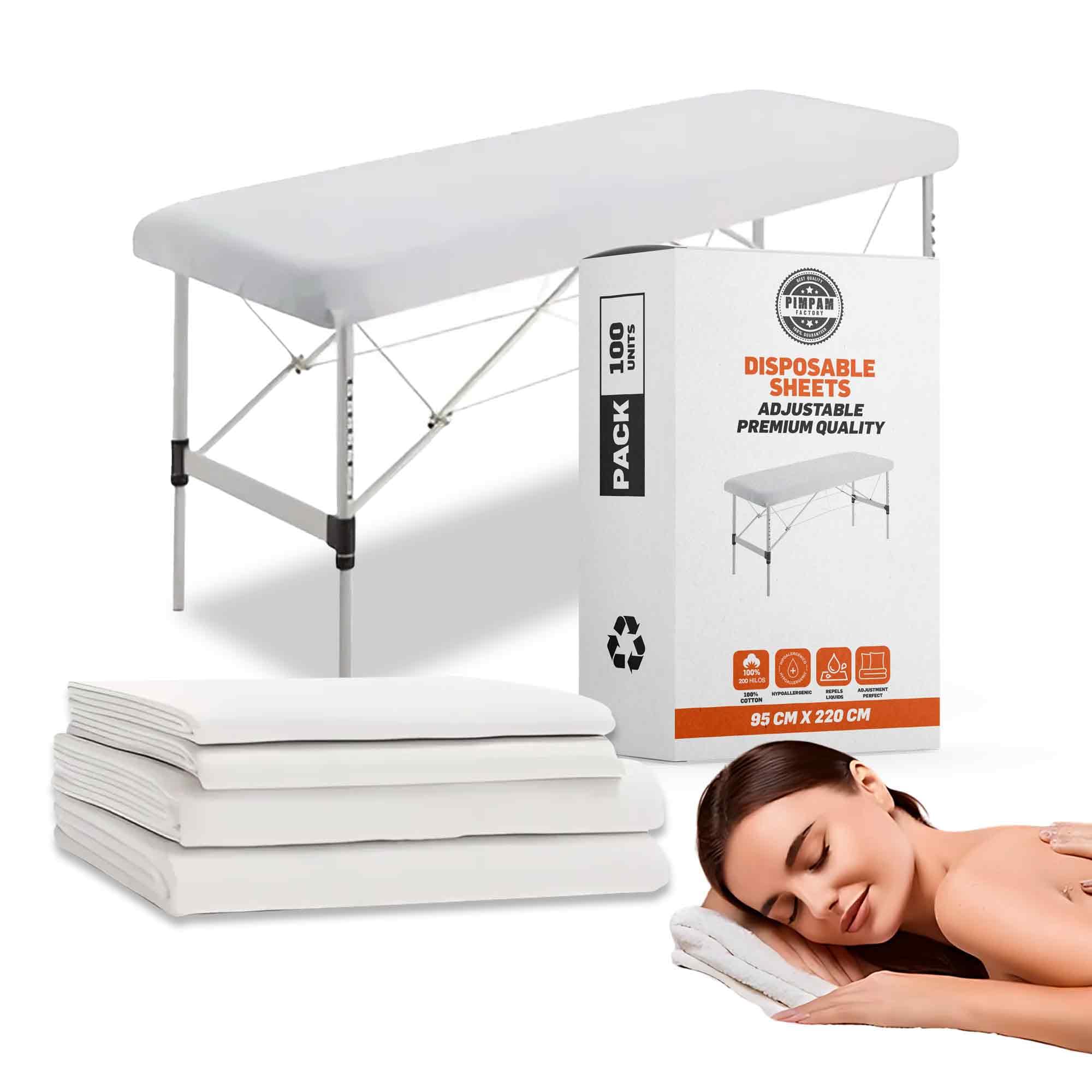 PimPam Factory - Disposable Fitted Sheet - Non-Odourless TNT - Repels Liquids - Massage Table Mattress Protector 95 x 220 cm - Recyclable Disposable Mattress Protector - Made in Spain - Pack of 100