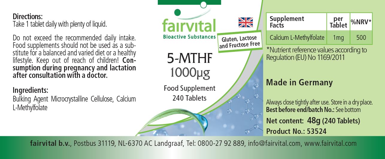 Fairvital | 5-MTHF - 240 tabletek - 1mg na tabletkę - bioaktywny kwas foliowy - płodność i ciąża - sprawdzona jakość i wysoka dawka - 100% wegańskie - wyprodukowano w Niemczech
