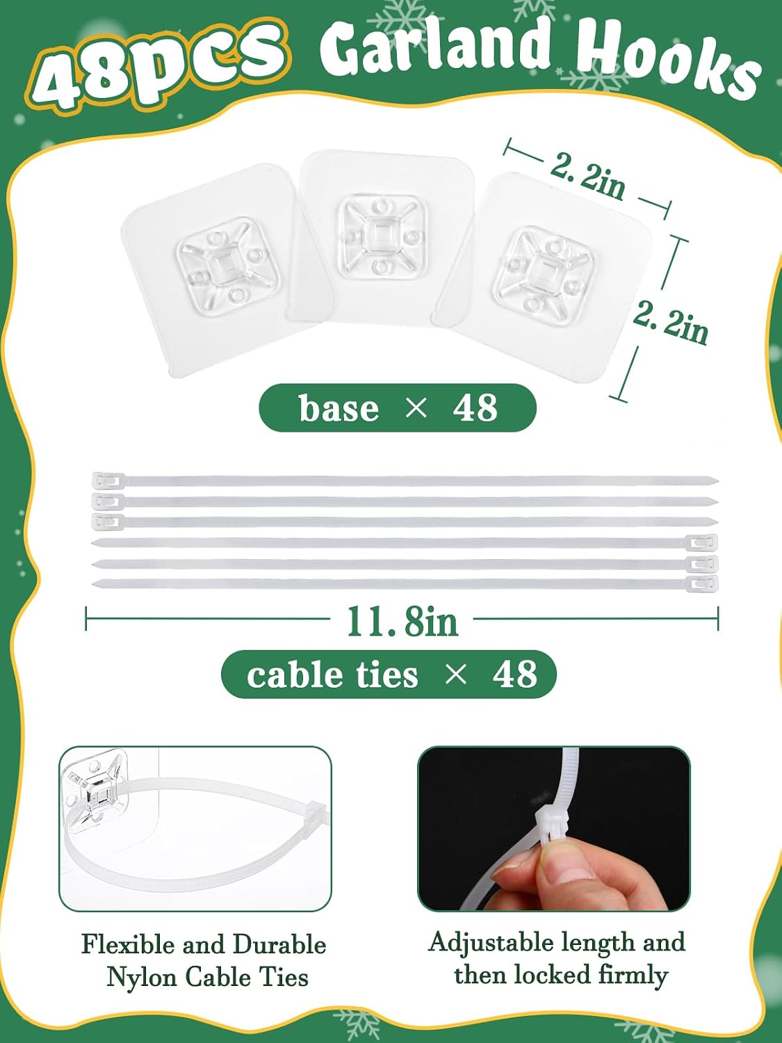 Acostop 48 Pcs Christmas Garland Hangers for Mantle - No Drill & Strong Load-Bearing Hooks, Adjustable Ties for Window Fireplace Front Door Xmas Stocking Holders Wreath Decorations
