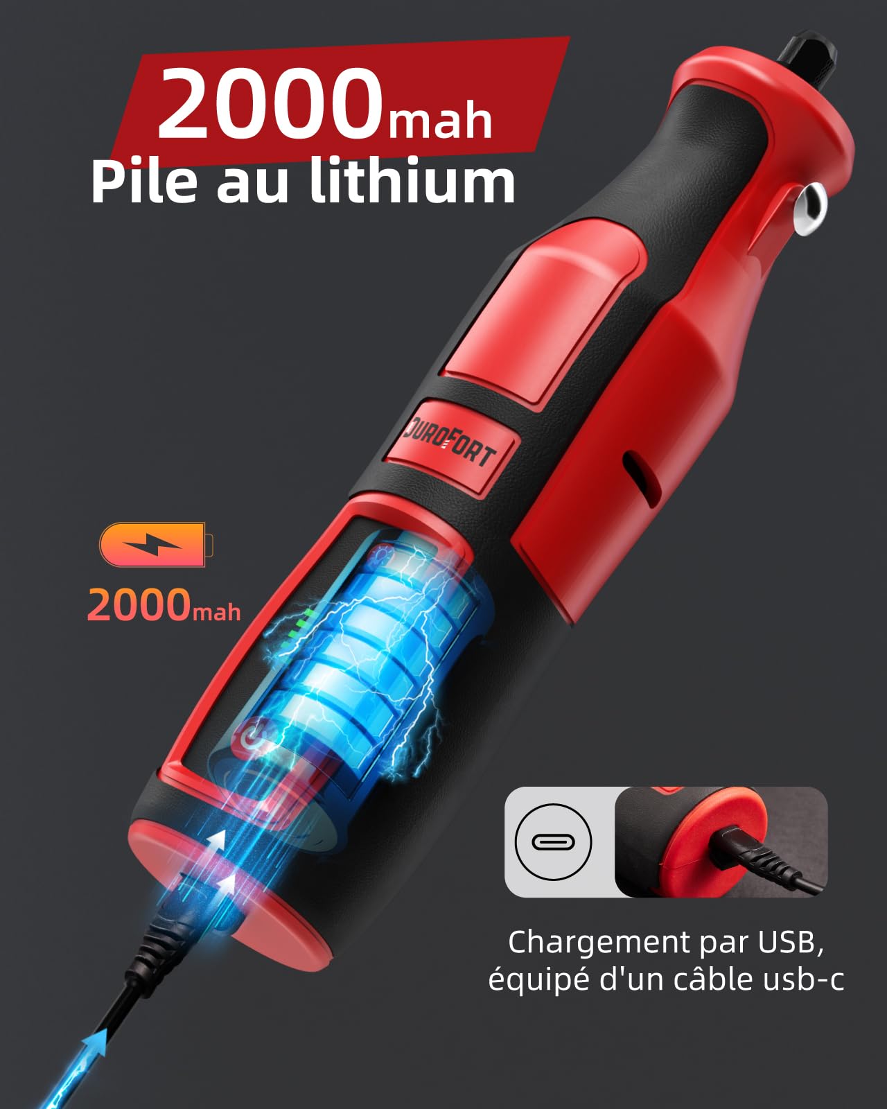 DuroFort mini meuleuse sans fil 8 V, 146 accessoires, avec batterie au lithium 2000 mAh, meuleuse droite à 5 vitesses variables pour l'élimination de la rouille, le meulage, la coupe, le polissage