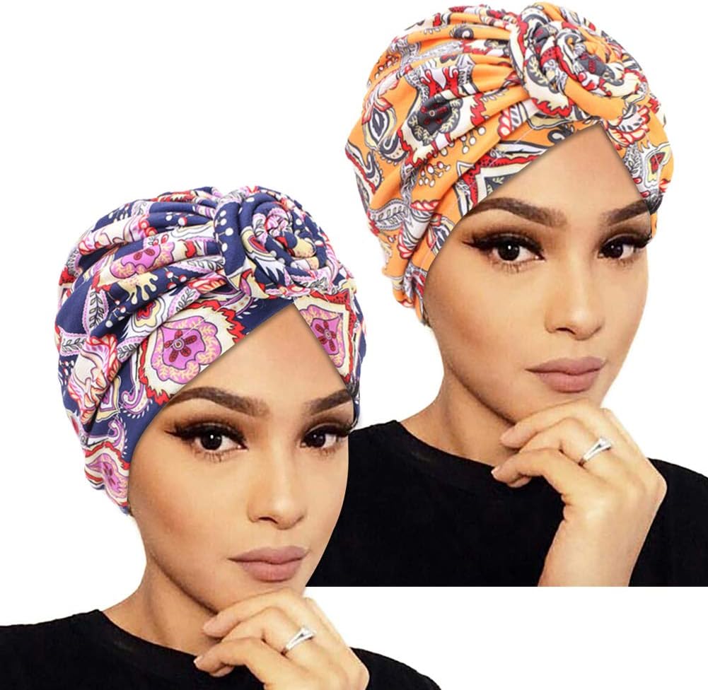 2 pcs Printed Turban African Pattern Knot Headwrap Beanie for Women Pre-Tied Bonnet Chemo Cap Hair Loss Hat