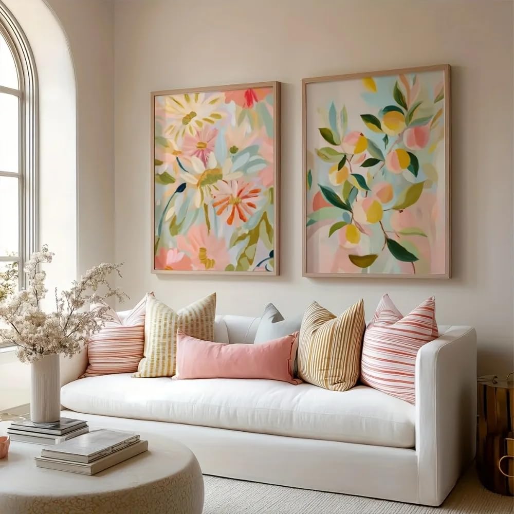 Dittelle Frameless Peach Plant And Wildflower Art Posters,Soft Pastel Wall Art Decor,Bohemian Abstract Plant Art Bouquet For Family Decor(50X70cm/2Pcs )