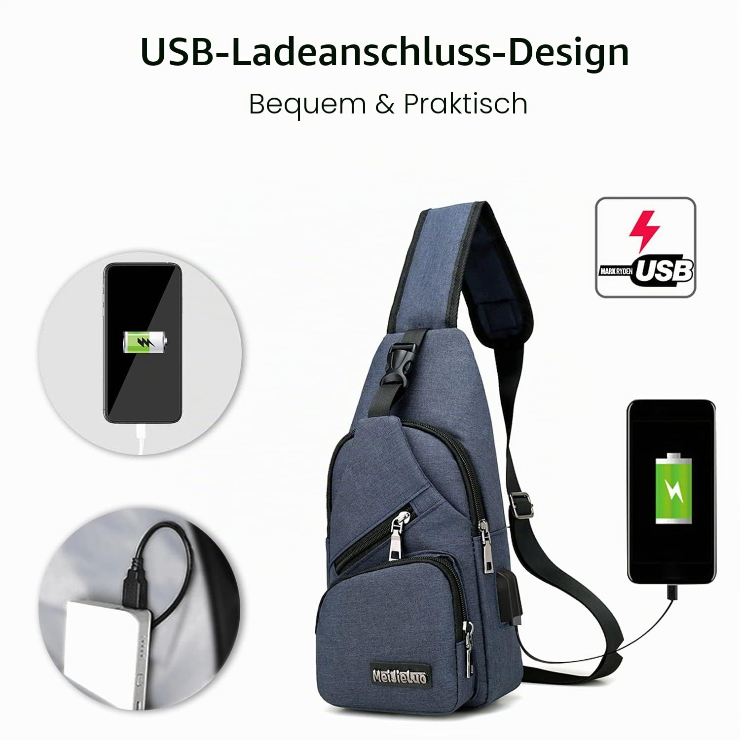FANDARE Unisex Schultertasche Herren Damen Brusttasche Sling Bag Rucksack mit USB Umhängetasche Sporttasche für Wandern,Abenteuer,Sport, Reisen und Joggen Blau