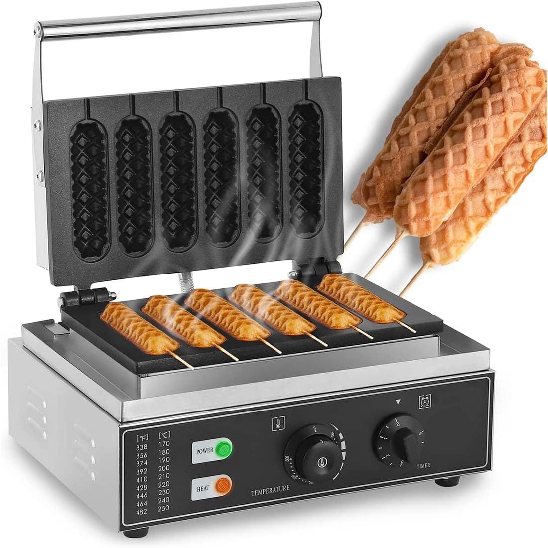 Forestalk Stainless Steel Commercial Corn Dog Waffle Maker Machine, 6 Pcs 1500W Electric French Crispy Stick Machine, Hot Dog Cheese Stick Press Iron, Nonstick Kitchen Utensils