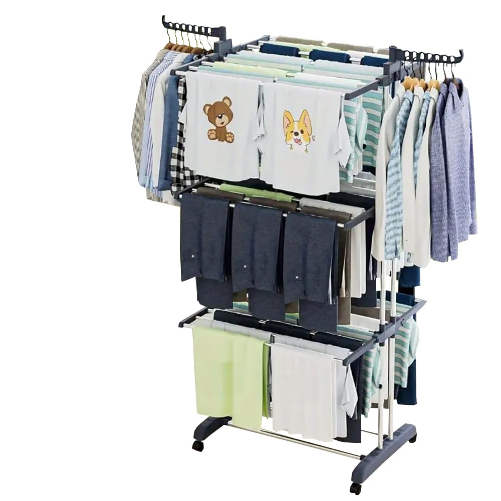 Neo Grey 4 Tier Clothes Horse Drying Rack Folding Side Wings Rail Stainless Steel Stand Laundry Garment (Grey)