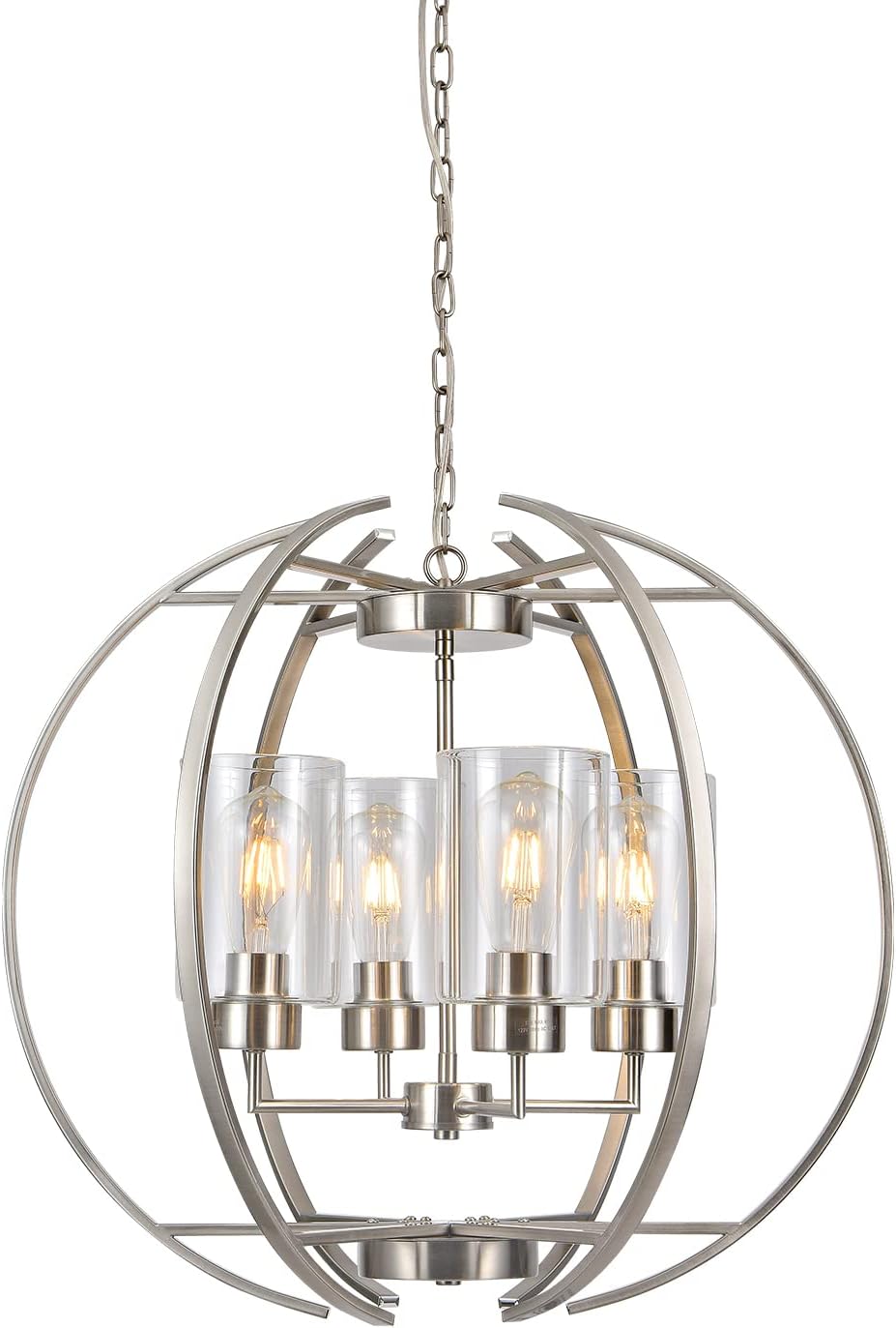 BOZO Brushed Nickel Chandelier Globe Dining Room Lighting Fixtures Ceiling Hanging Pendant Lighting with Clear Glass Shades 24" Modern Farmhouse Chandeliers for Foyer Bedroom Kitchen Living E26