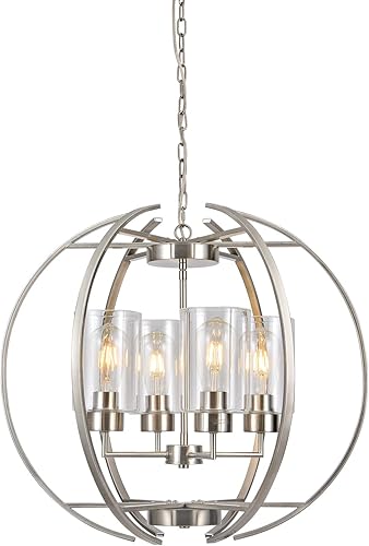 Candelabro de globo de níquel cepillado para comedor, accesorios de iluminación colgante de techo con pantallas de vidrio transparente de 24