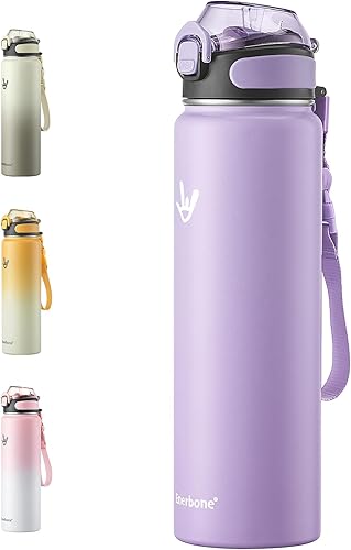 Enerbone Botella de agua aislada de 32 onzas, botella de acero inoxidable con correa de transporte, diseño de aislamiento al vacío de doble pared,