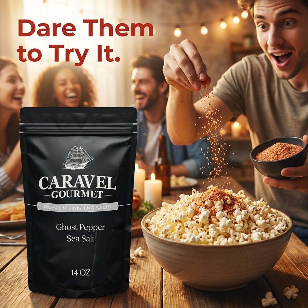 Ghost Pepper Sea Salt for Cooking, Grilling, and Finishing – Chili-Infused Spicy Seasoning Gourmet Salt for Meats and Veggies – 14 oz Refill Pouch by Caravel Gourmet