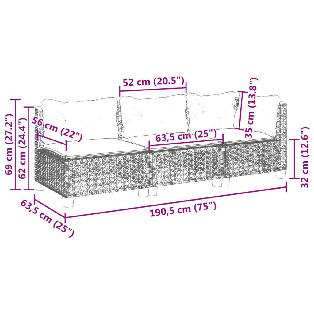 vidaXL Gartensofa 3-Sitzer, Gartensessel mit Kissen, Modular Loungesofa für Garten Terrasse, Sofa Garnitur Gartenmöbel, Grau Poly Rattan