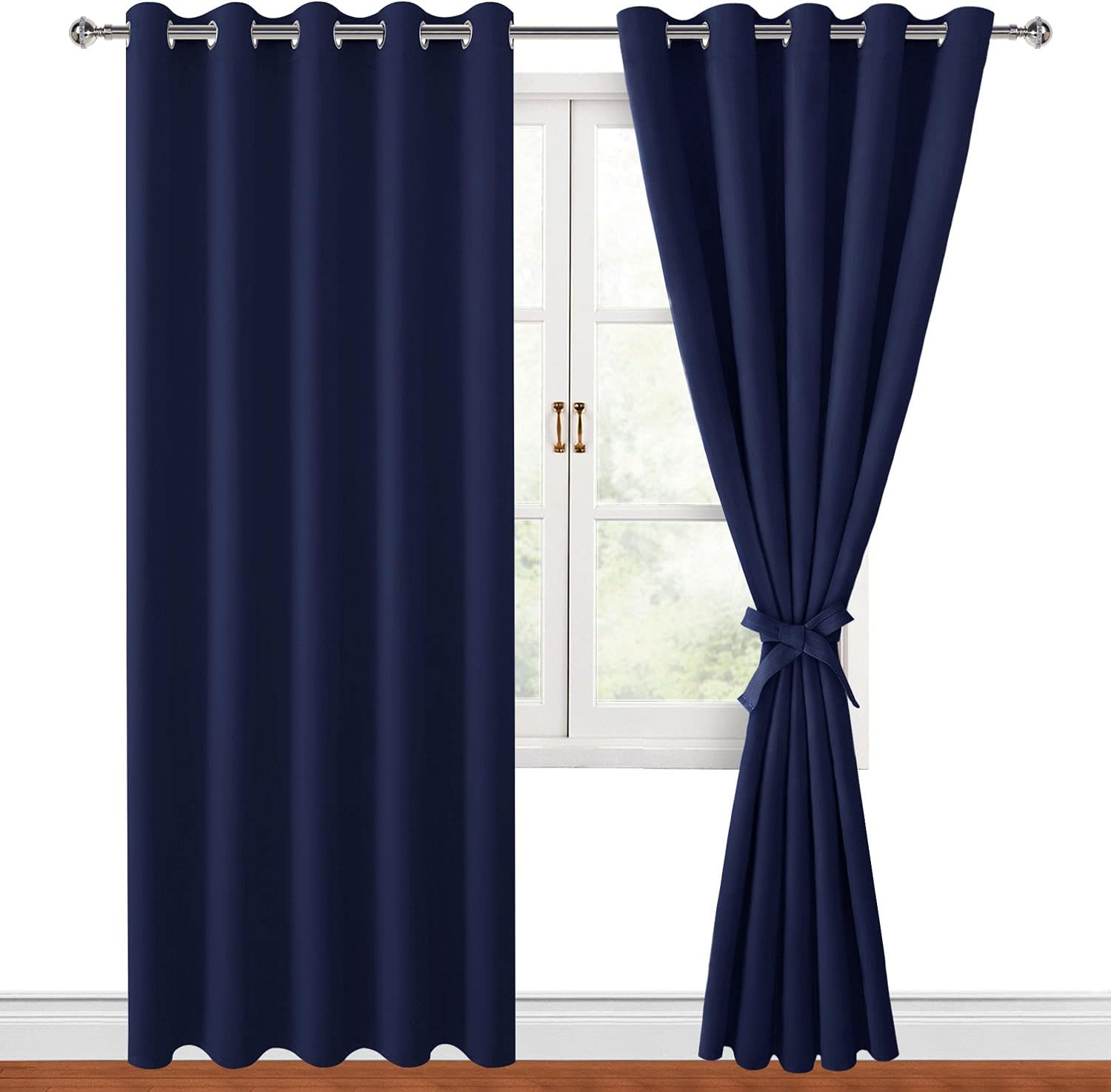 Hiasan Blackout Curtains for Bedroom, 60 x 84 Inches Long - Thermal Insulated & Light Blocking Window Curtains for Living Room, 2 Drape Panels Sewn with Tiebacks, Navy Blue