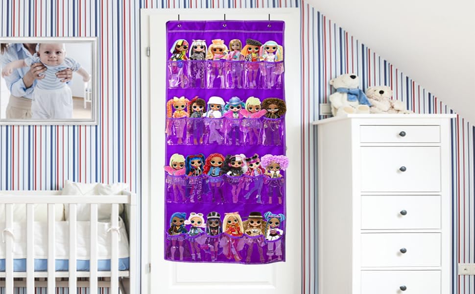 Miniatura 6 de Organizador de almacenamiento de juguetes para colgar sobre la puerta (24 bolsillos), compatible con muñecas sorpresa LOL OMG (juguetes no