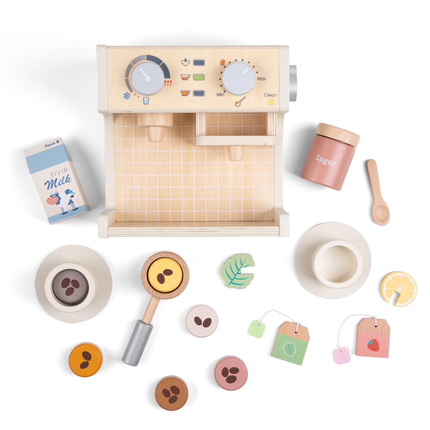 Woet® Jouet Machine à Café en Bois pour Enfants – Set Barista avec Lait, Sachets de Thé et Accessoires – Jouet de Cuisine FSC – À Partir de 3 Ans – Cadeau Filles et Garçons
