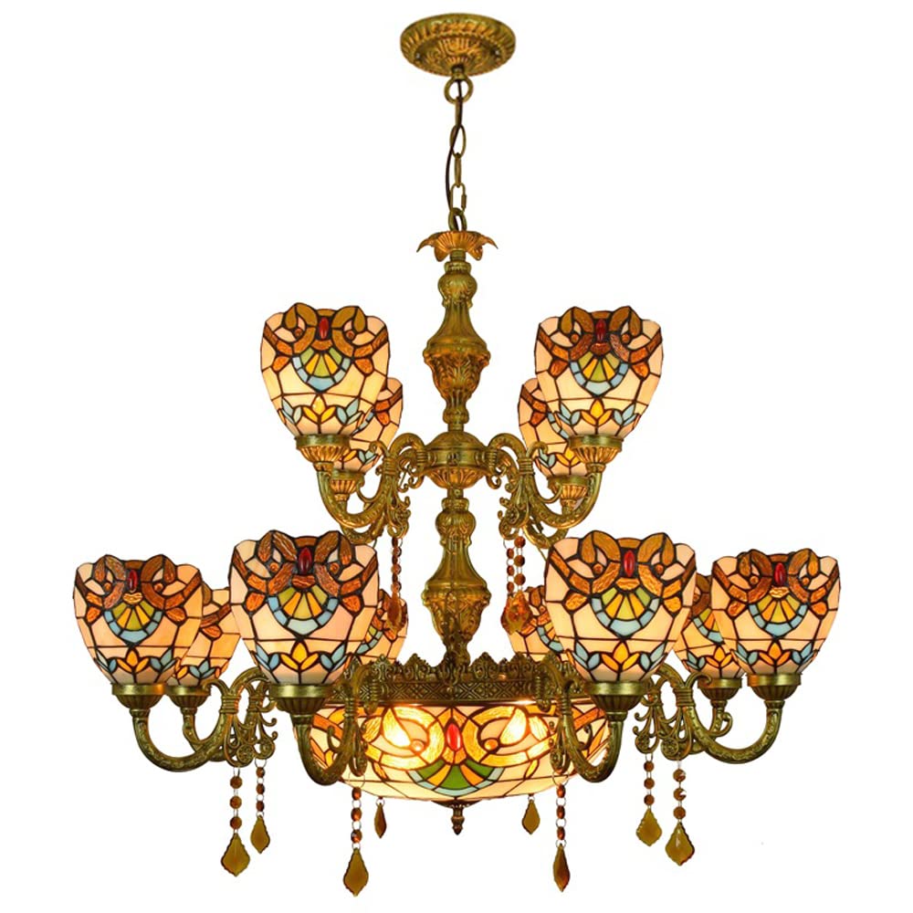 FYZDLAOR 12+1-Light Chandelier,with Baroque Vintage Lampshade Pendant Light Light Fixtures,Tiffanystyle Stained Glass Hanging Light Wide 36 Inch with Crystal Pendant