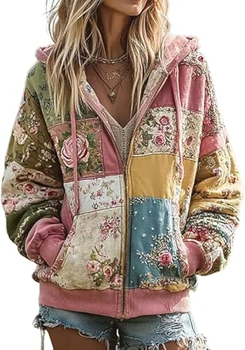 Women's Breast Cancer Floral Print Jacket Vintage Pink Floral Patchwork Hoodie (US, Alpha, X-Large, Regular, Regular, Rose)